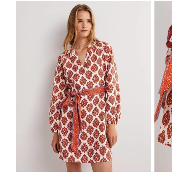 Boden Notch Neck Long Sleeve Linen Mini Shift Dress Floral Block Print 6 Long - Picture 6 of 16